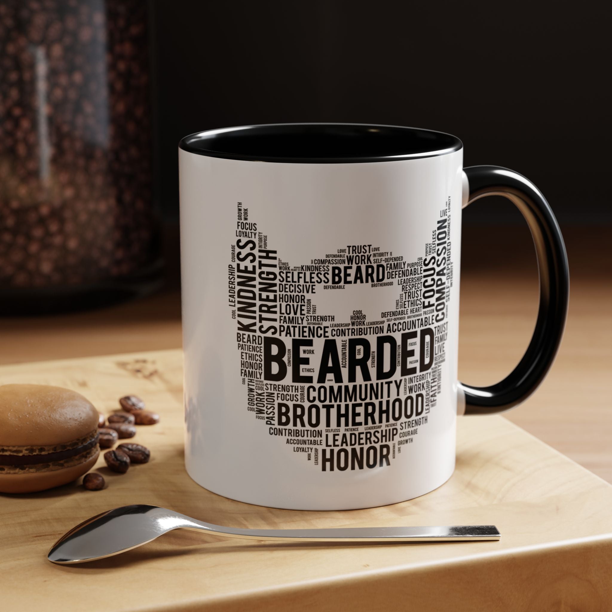 Bearded funny coffee mug with sarcastic word art design, perfect for unique gifts; displayed on table with spoon and macaron.