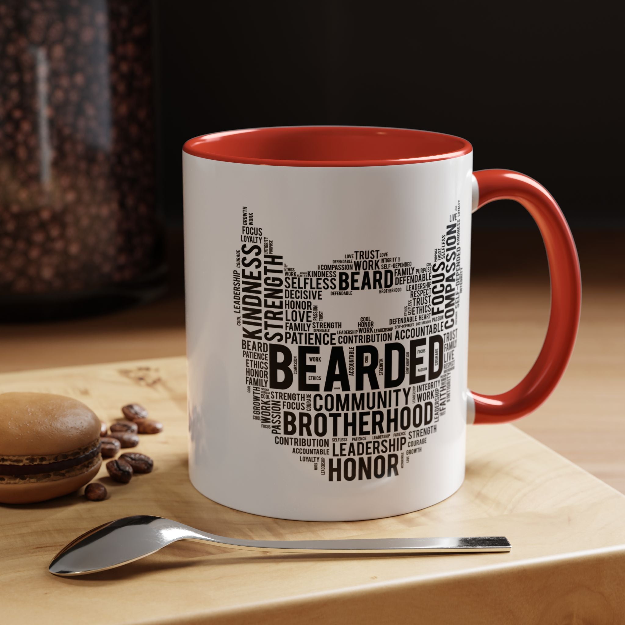 Bearded funny coffee mug with word art design, perfect sarcastic gift idea, displayed on a wooden table with coffee beans and a spoon.