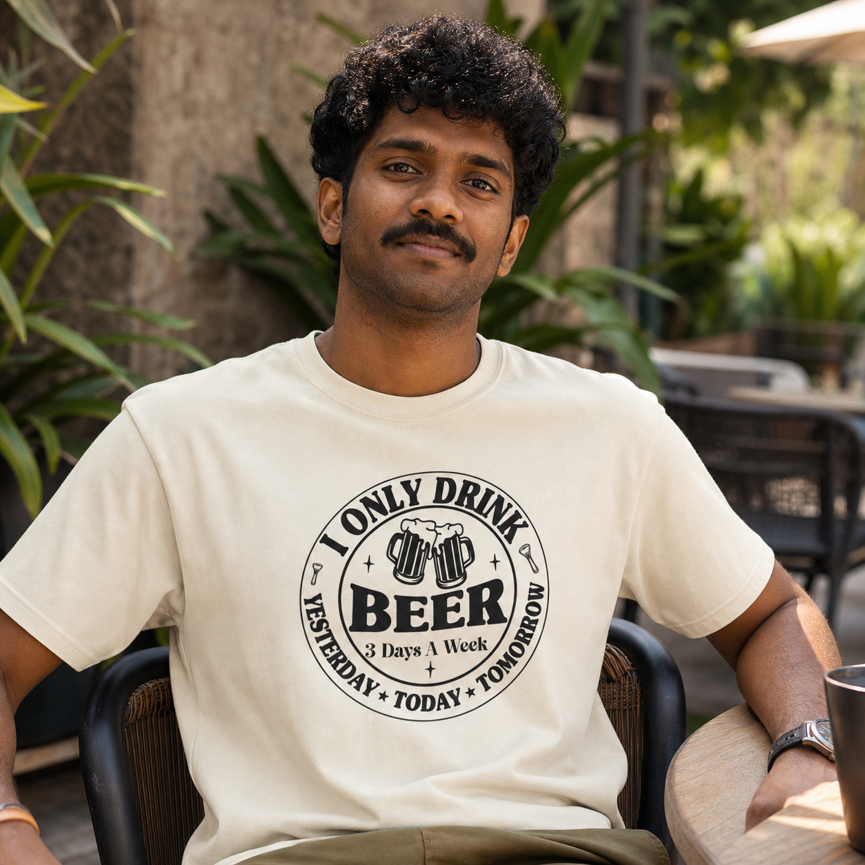 Man wearing cream I Only Drink Beer 3 Days a Week graphic T-shirt on an outdoor patio