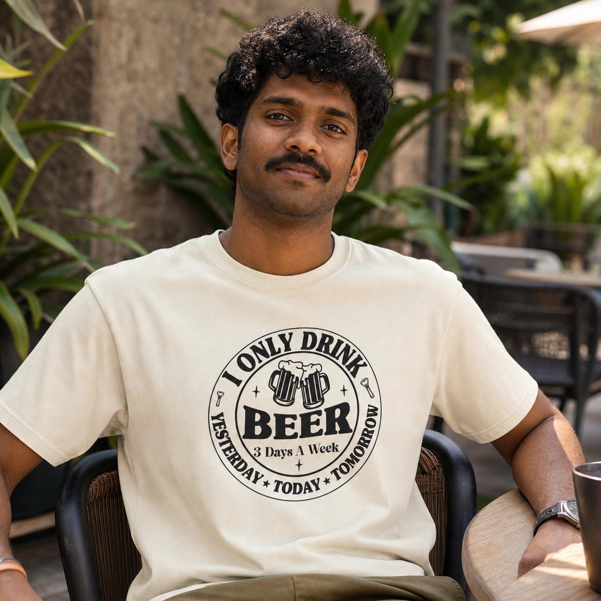 Man wearing cream I Only Drink Beer 3 Days a Week graphic T-shirt on an outdoor patio