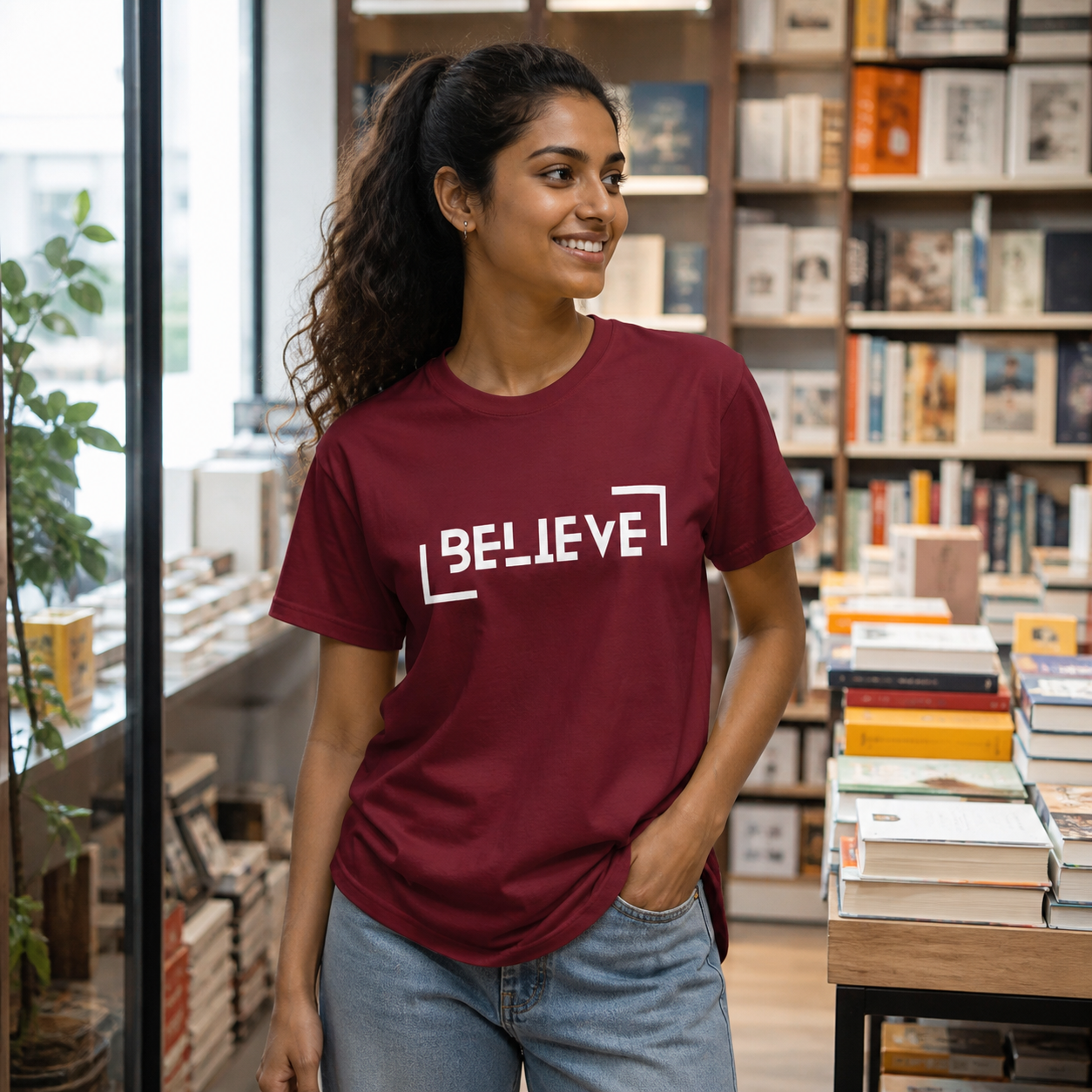 Young woman wearing burgundy Believe graphic T-shirt in a contemporary bookstore
