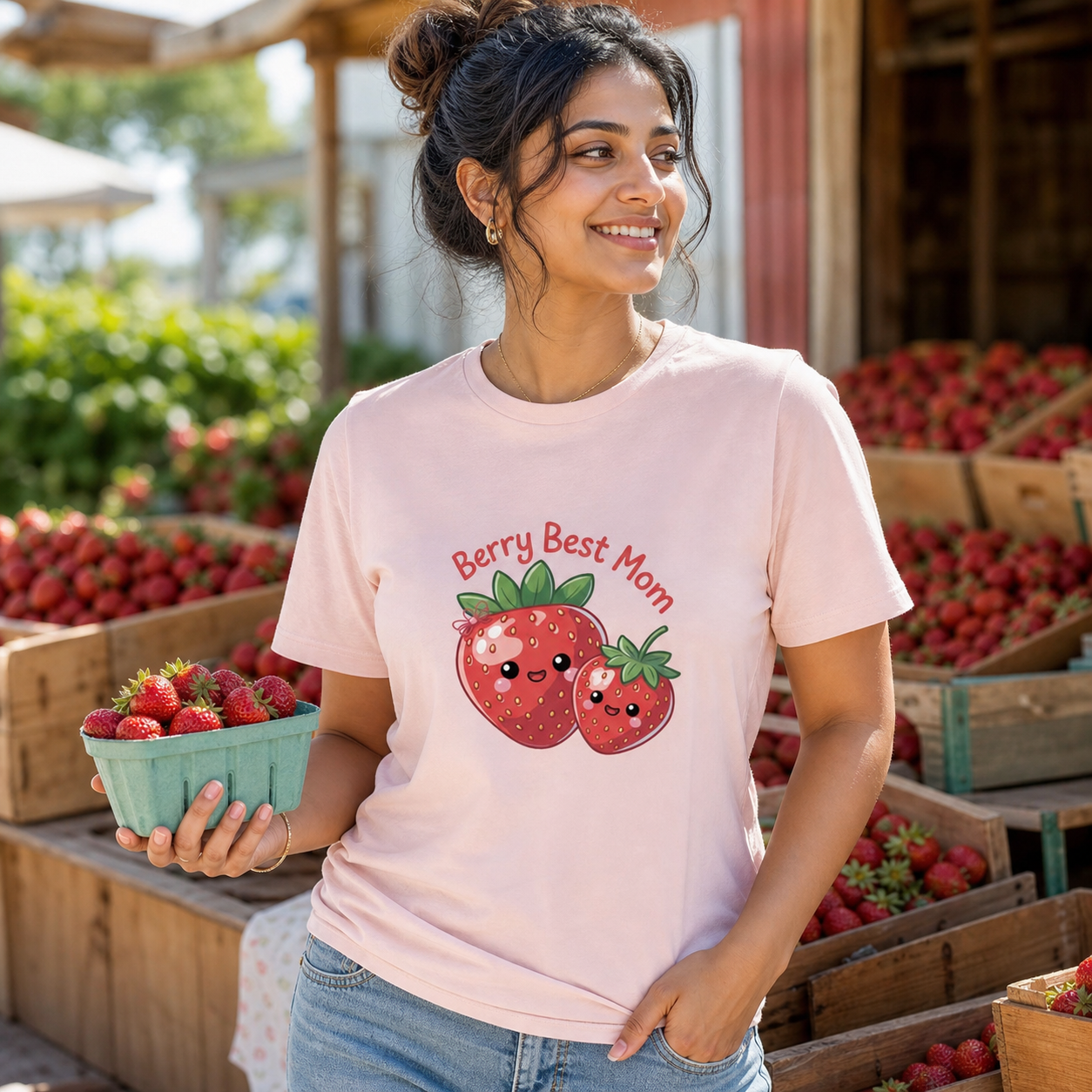South Asian woman wearing Berry Best Mom T-shirt at a strawberry farm stand