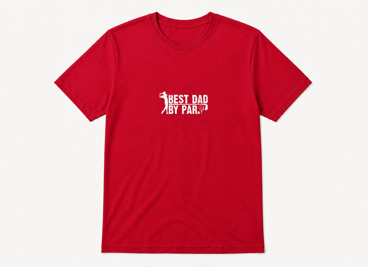 Best Dad by Par distressed golf gift graphic on crimson unisex T-shirt, front product image
