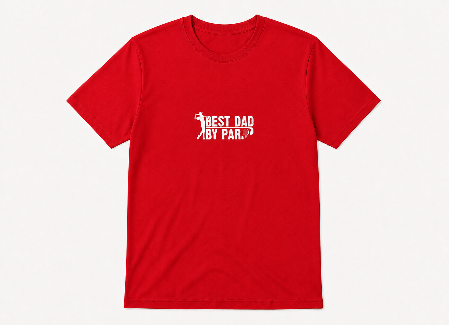 Best Dad by Par distressed golf gift graphic on red unisex T-shirt, front product image