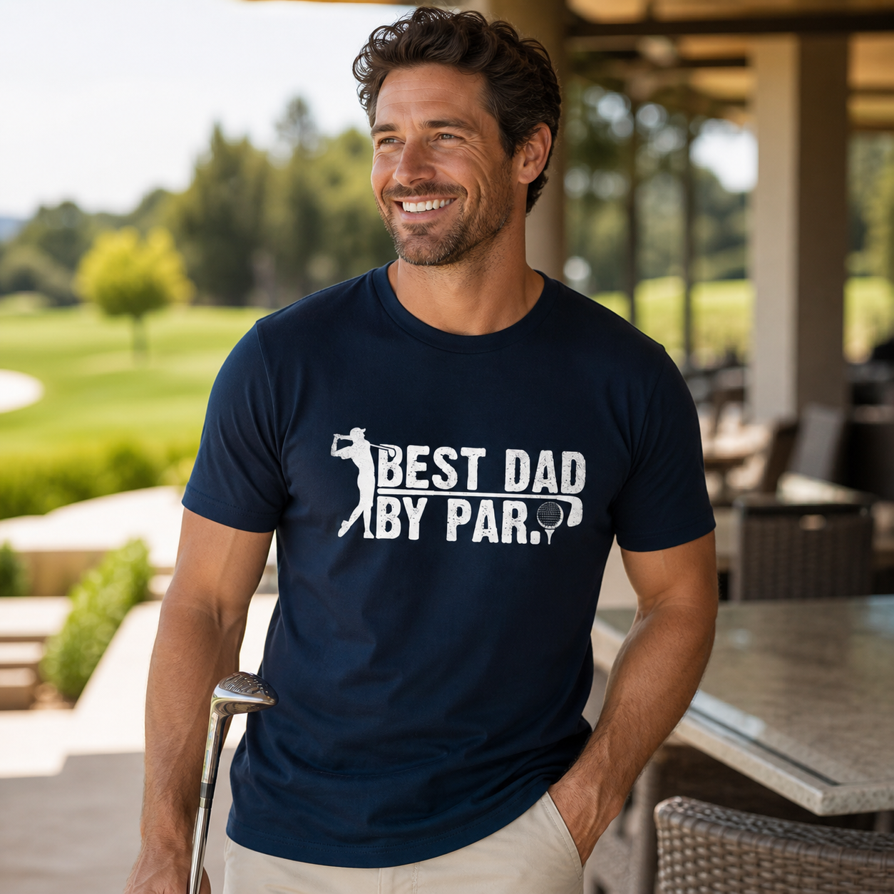 Dad golfer wearing navy Best Dad by Par graphic T-shirt at a golf course