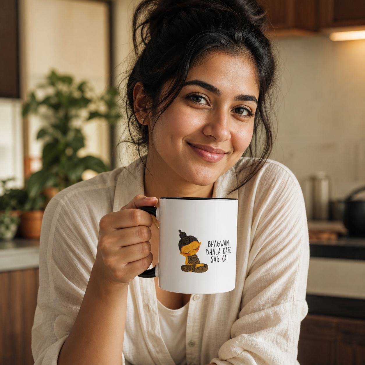 Young Indian woman holding black-accent Bhagwan Bhala Kare Sab Ka mug