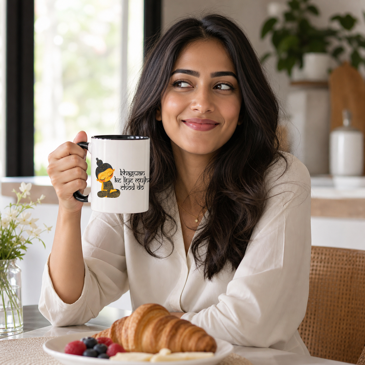 Young South Asian woman holding a black accent Bhagwan Ke Liye Mujhe Chod Do Desi mug at breakfast