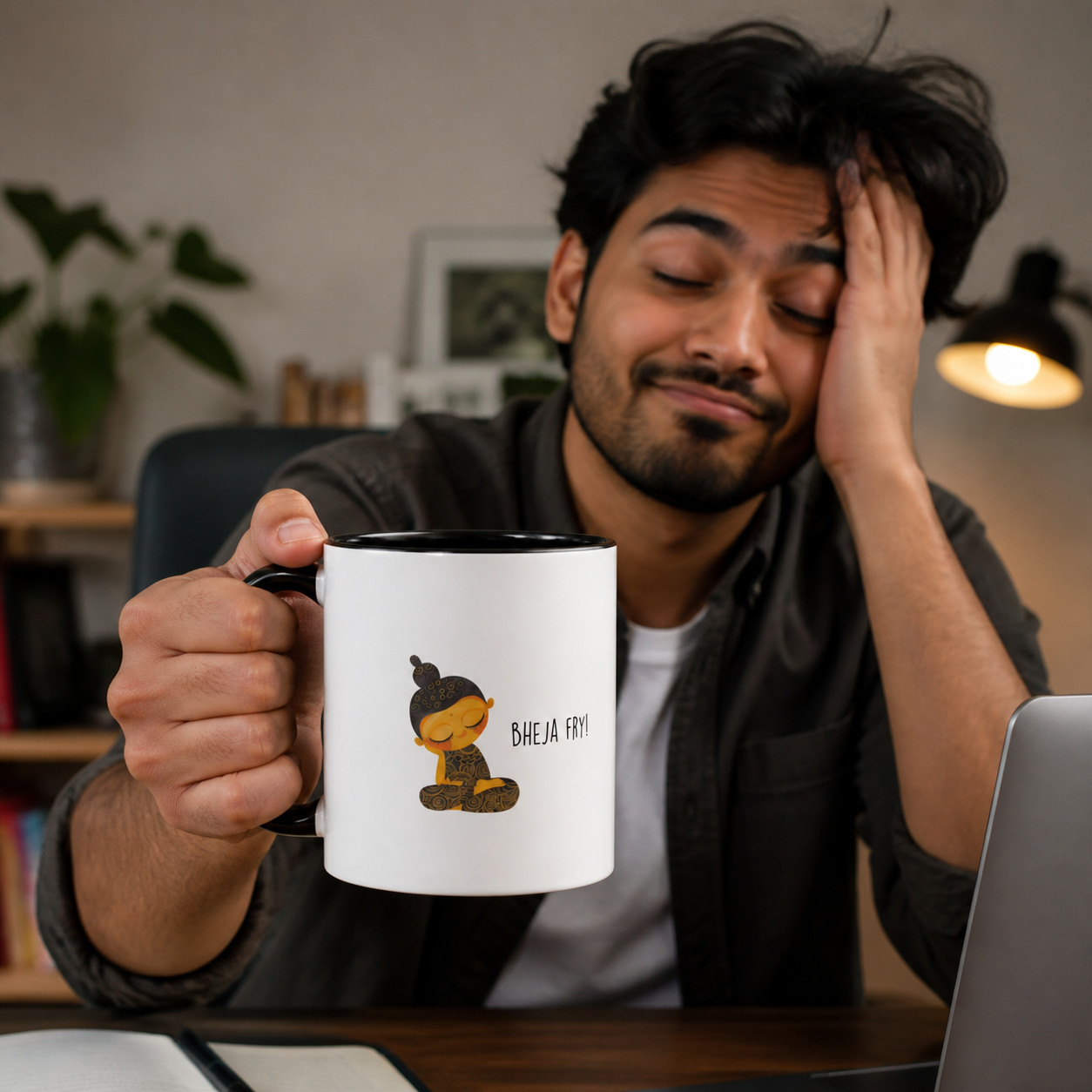 Young South Asian man holding black-accent Bheja Fry mug in home office