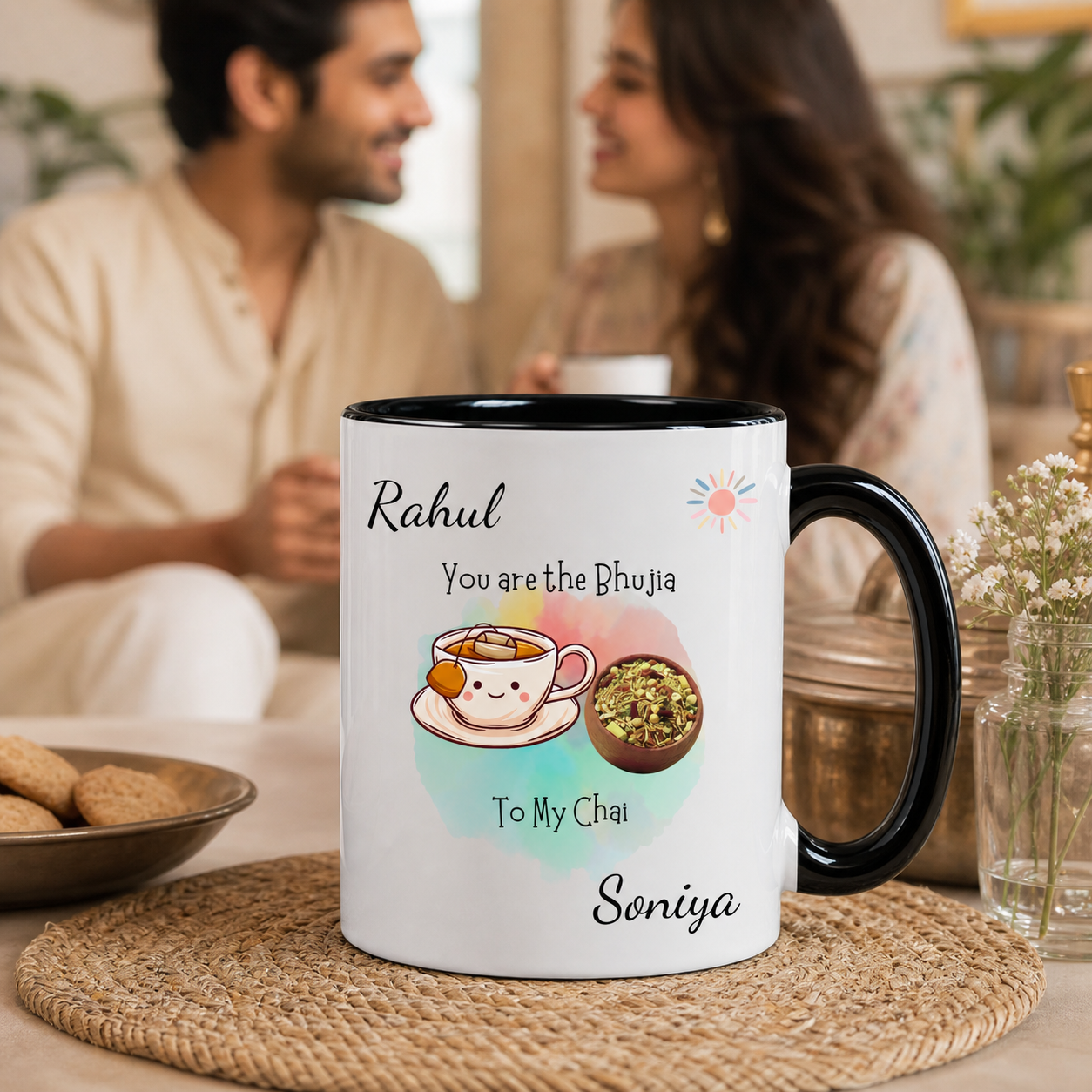 Personalized You Are the Bhujia to My Chai black accent mug lifestyle image