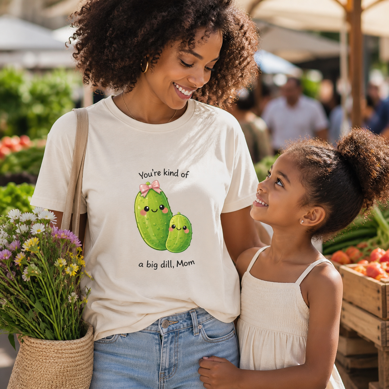 Young mom wearing You Are Kind of a Big Dill pickle T-shirt with her child