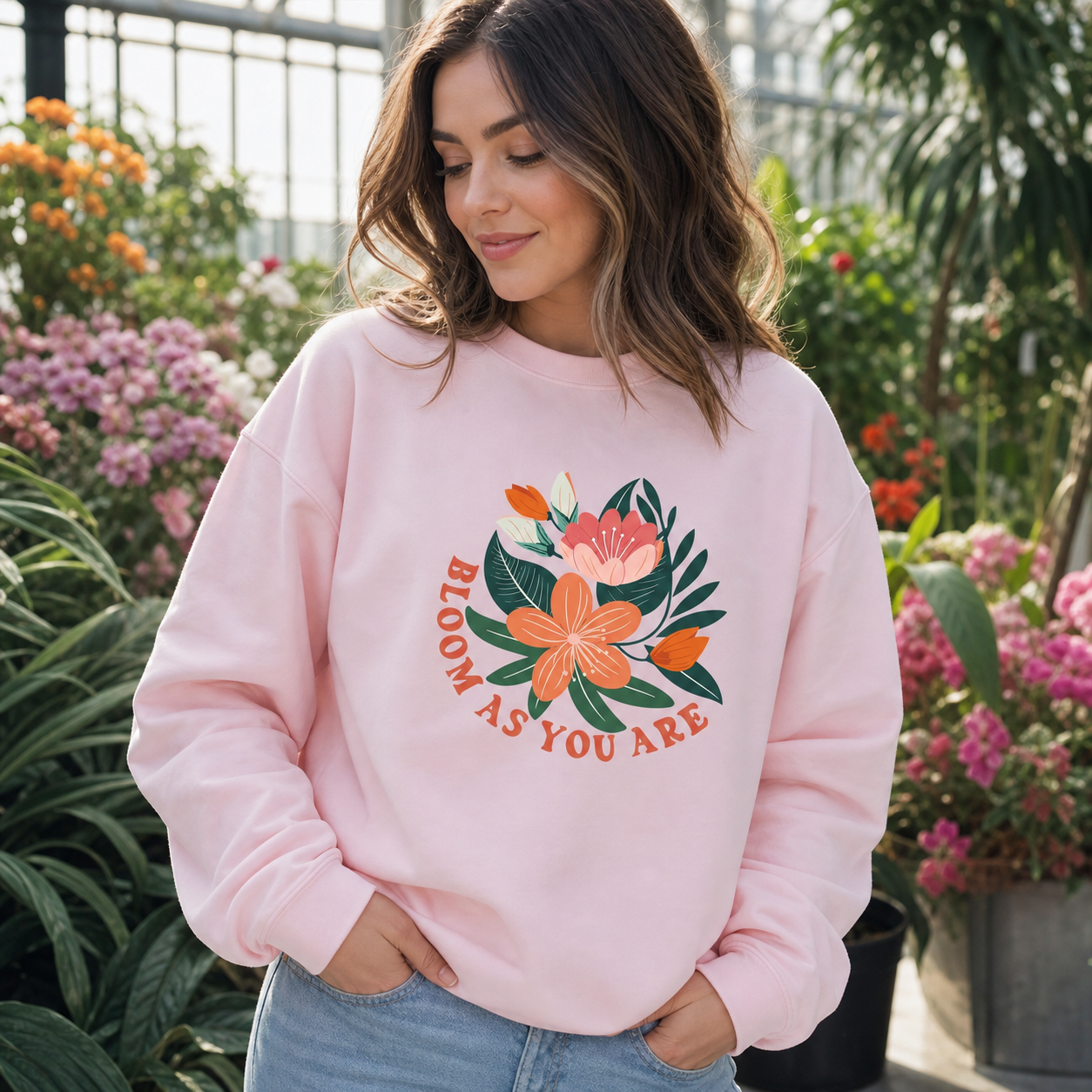 Woman wearing pink Bloom As You Are floral sweatshirt in a conservatory