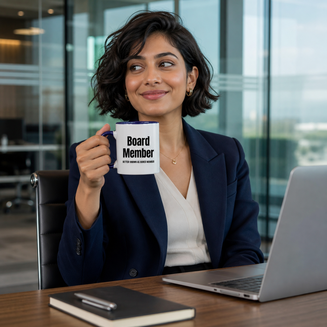 Young professional holding navy-accent Bored Board Member mug after a meeting