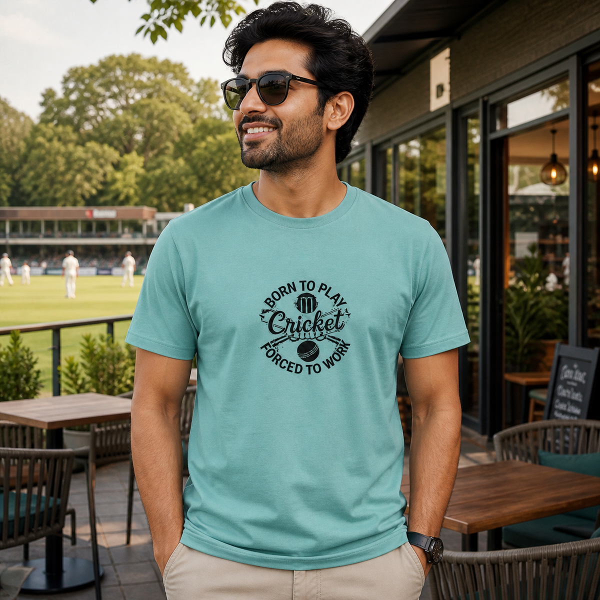 Young Indian man wearing an island reef Born to Play Cricket Forced to Work T-shirt at a cricket club