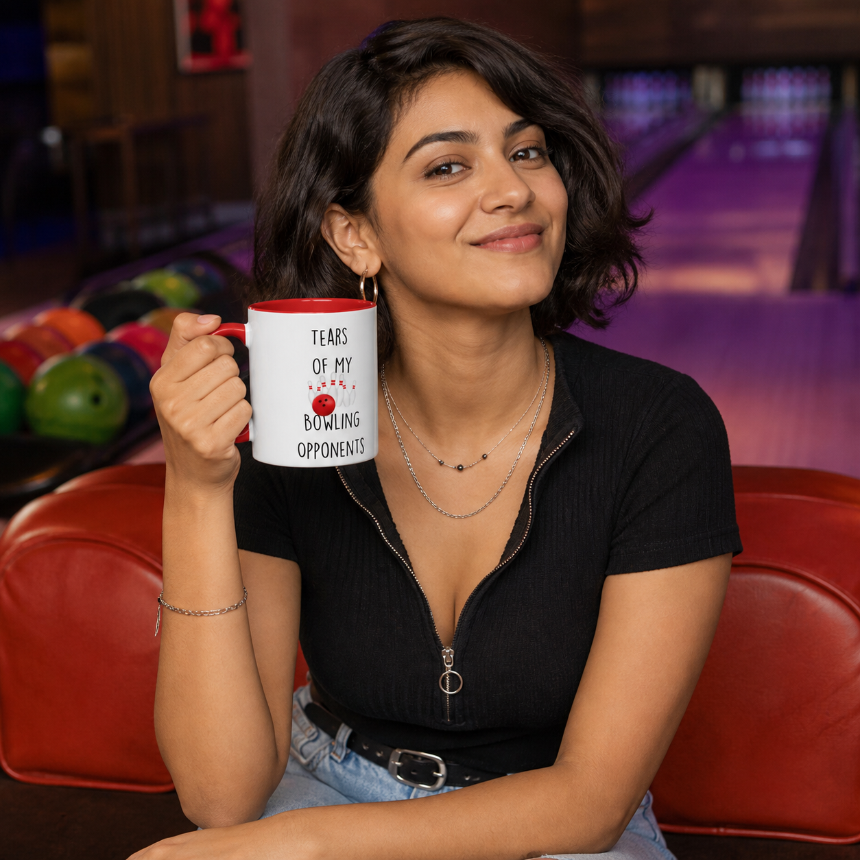Young bowler holding red-accent Tears of My Bowling Opponents mug