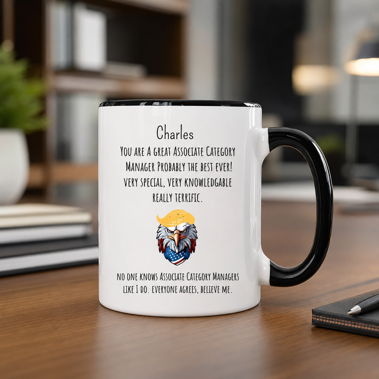 Personalized Category Manager black accent mug in a professional office