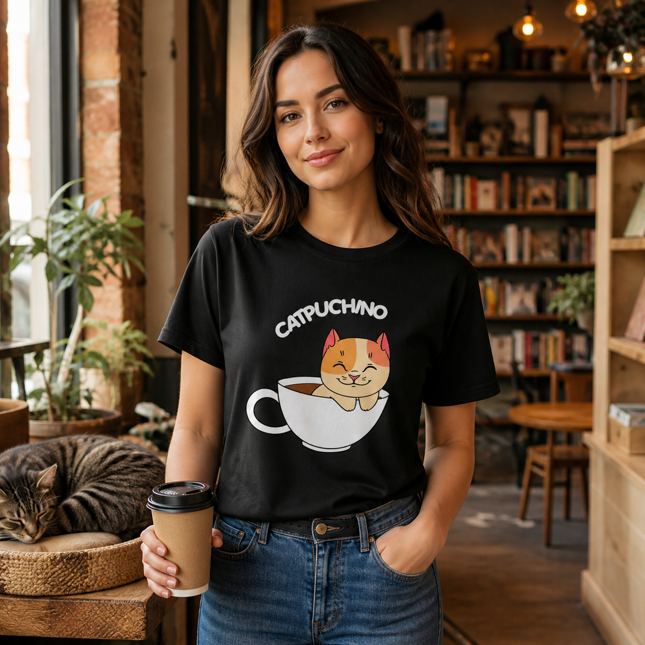 Woman wearing Catpuchino cat coffee graphic T-shirt in a cozy book cafe
