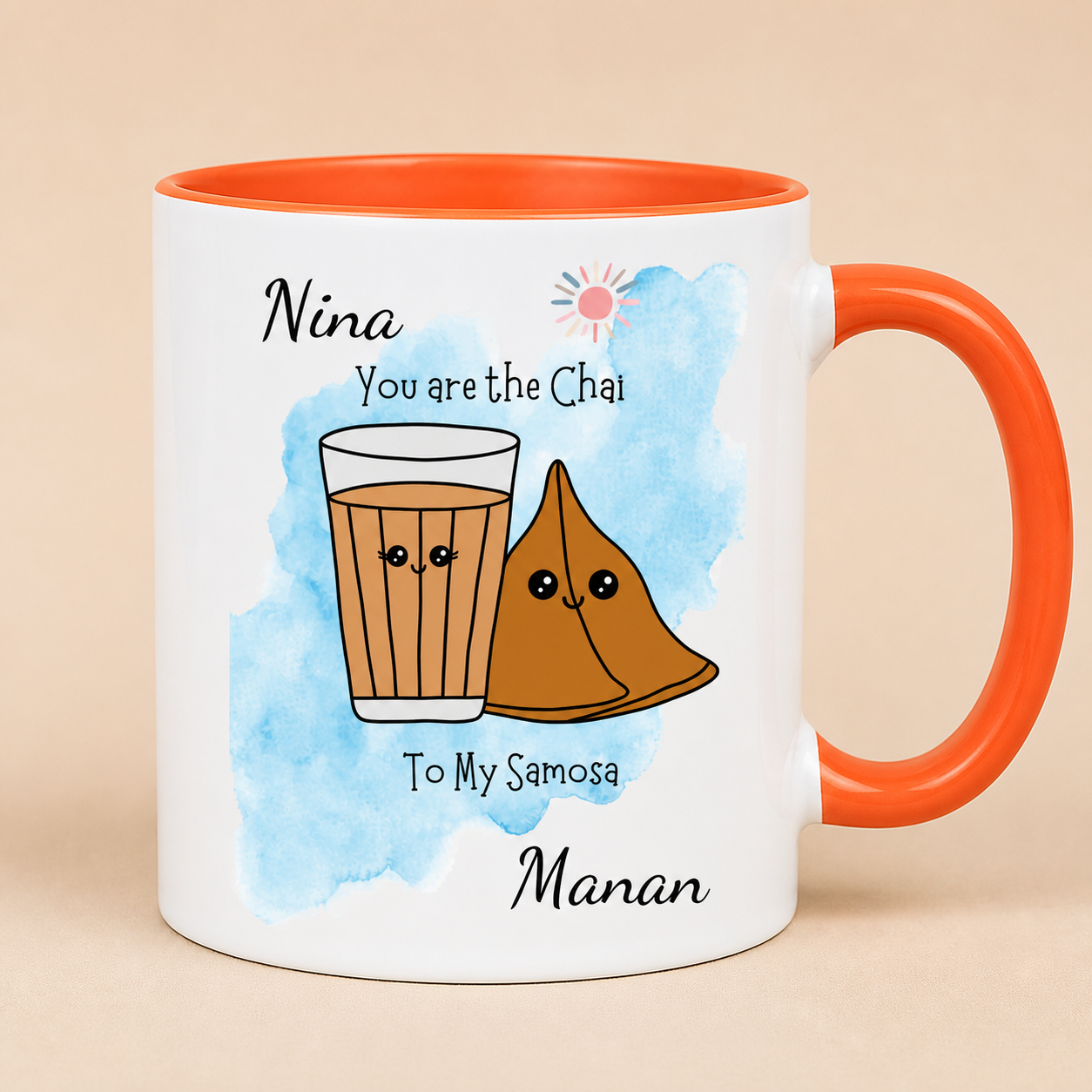 Personalized Chai to My Samosa orange accent mug