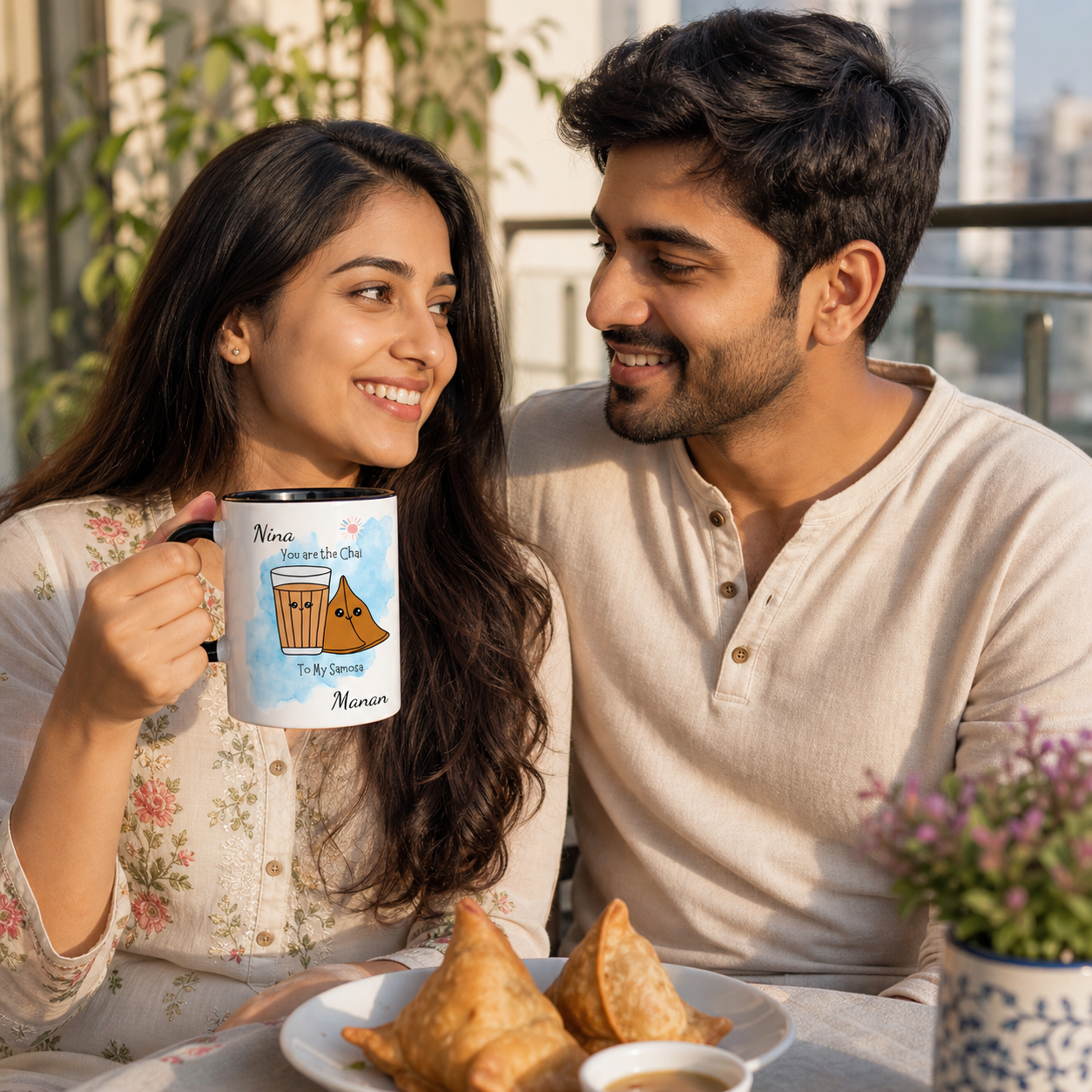 Young South Asian couple with a personalized black accent You Are The Chai To My Samosa mug