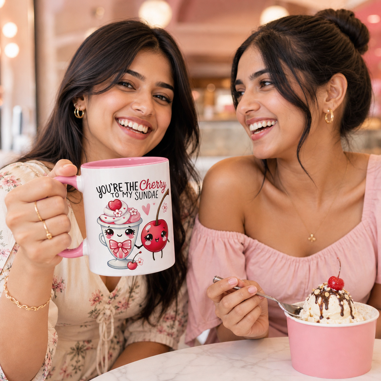 Young friends holding pink-accent Cherry to My Sundae mug at an ice cream cafe