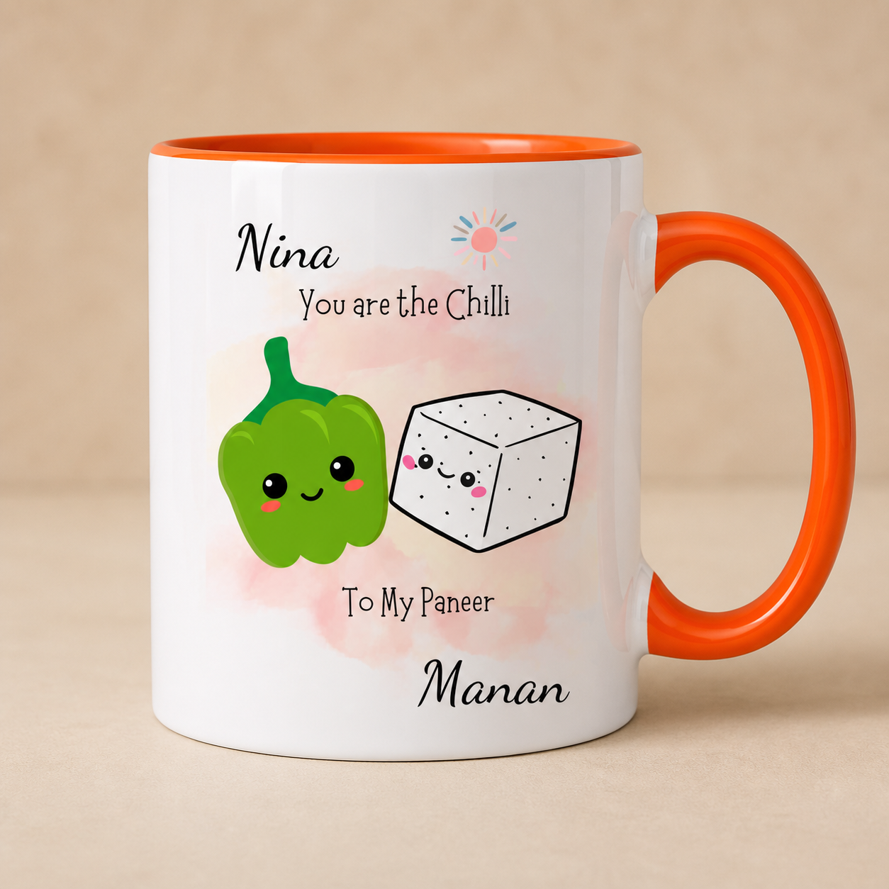 Personalized Chilli to My Paneer orange accent mug