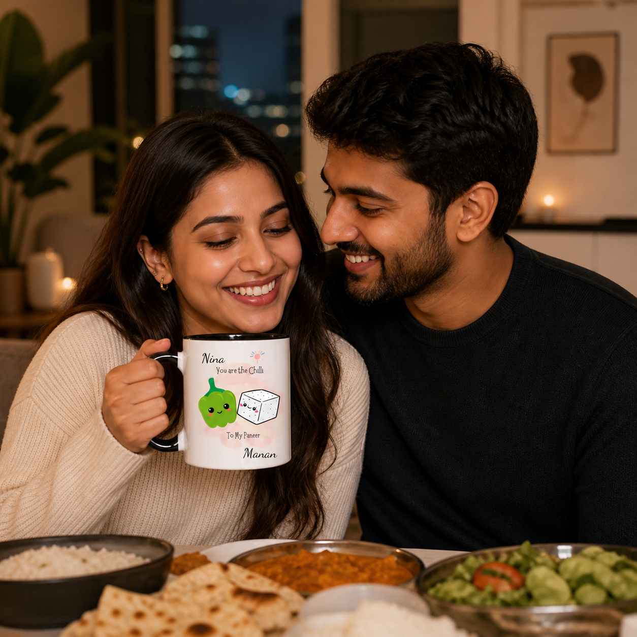 Young South Asian couple with a personalized black accent You Are The Chilli To My Paneer mug