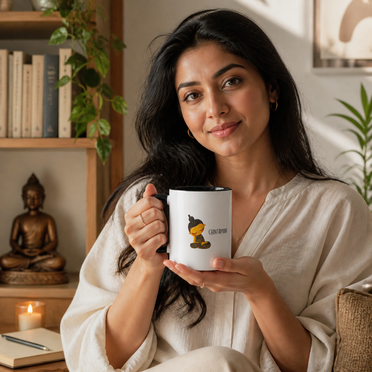 Young South Asian woman holding black-accent Chintamani meditation mug