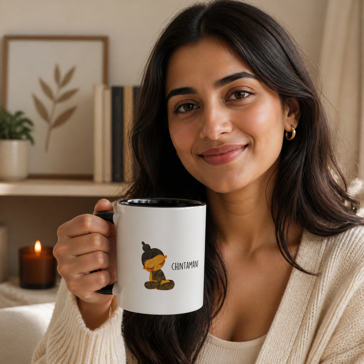 Close-up of young South Asian woman holding black-accent Chintamani mug