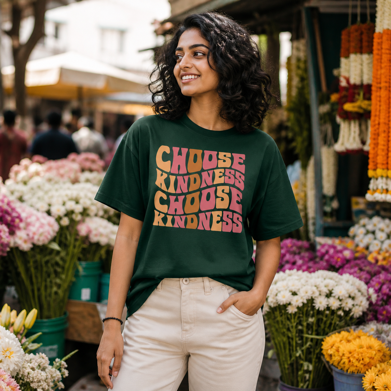 Young woman wearing forest green Choose Kindness graphic T-shirt at a flower market