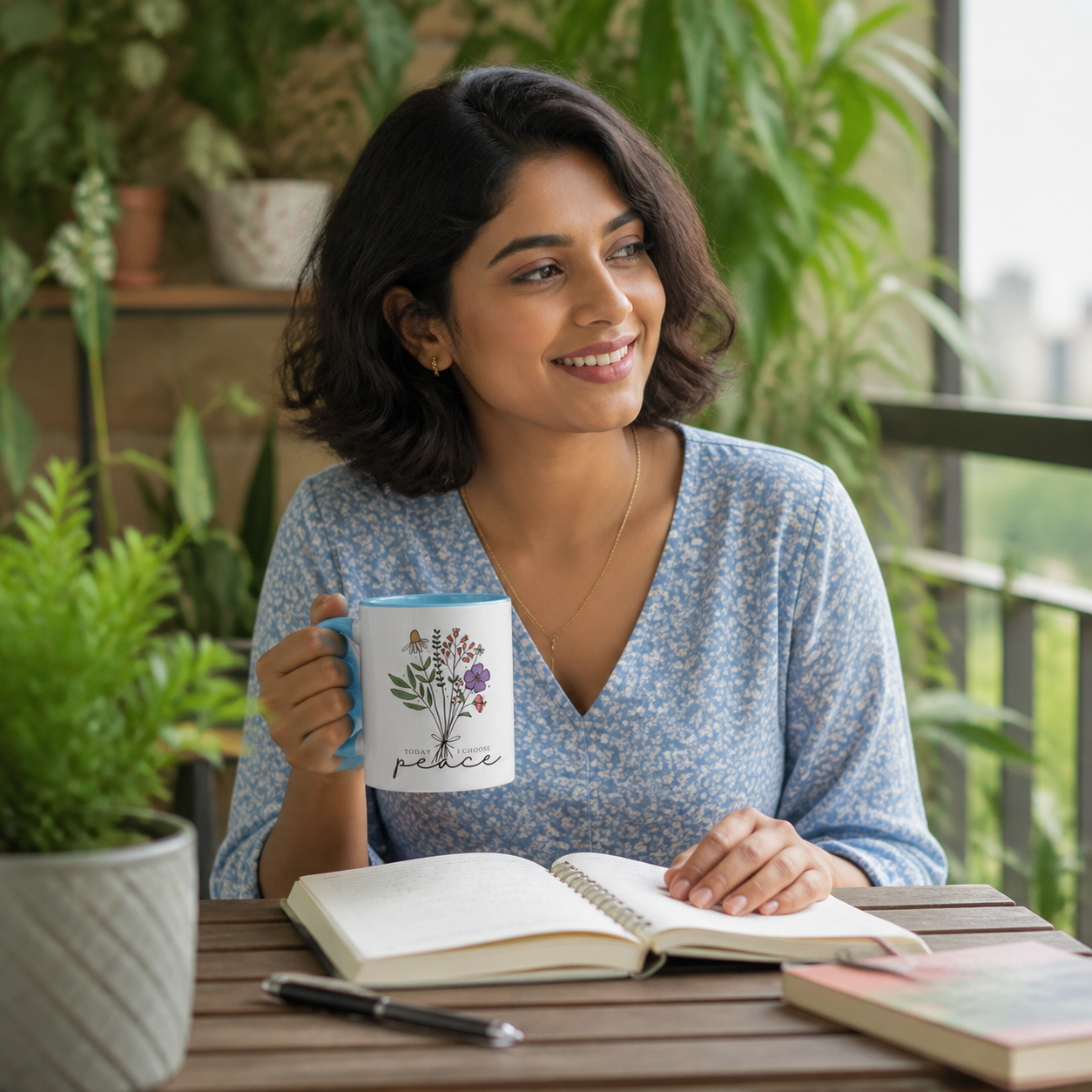 Young woman holding light-blue-accent Today I Chose Peace floral mug while journaling