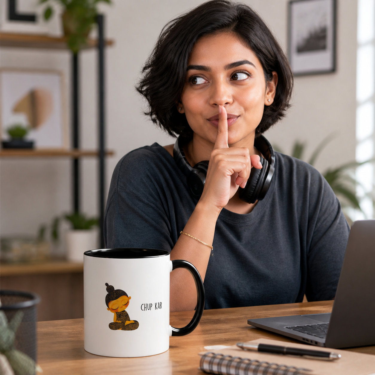 Young Indian woman with headphones beside black-accent Chup Kar mug