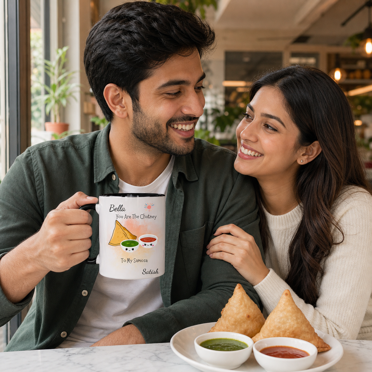 Young South Asian couple with a personalized black accent You Are The Chutney To My Samosa mug
