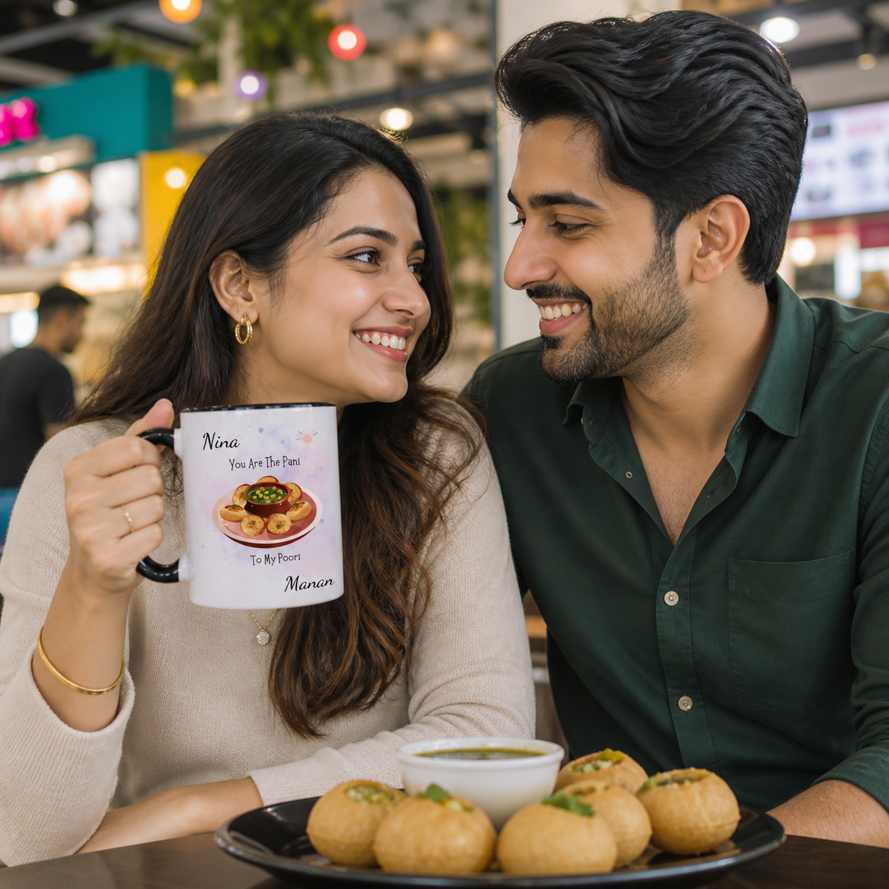 Young South Asian couple with a personalized black accent You Are The Pani To My Poori mug — alternate clean view
