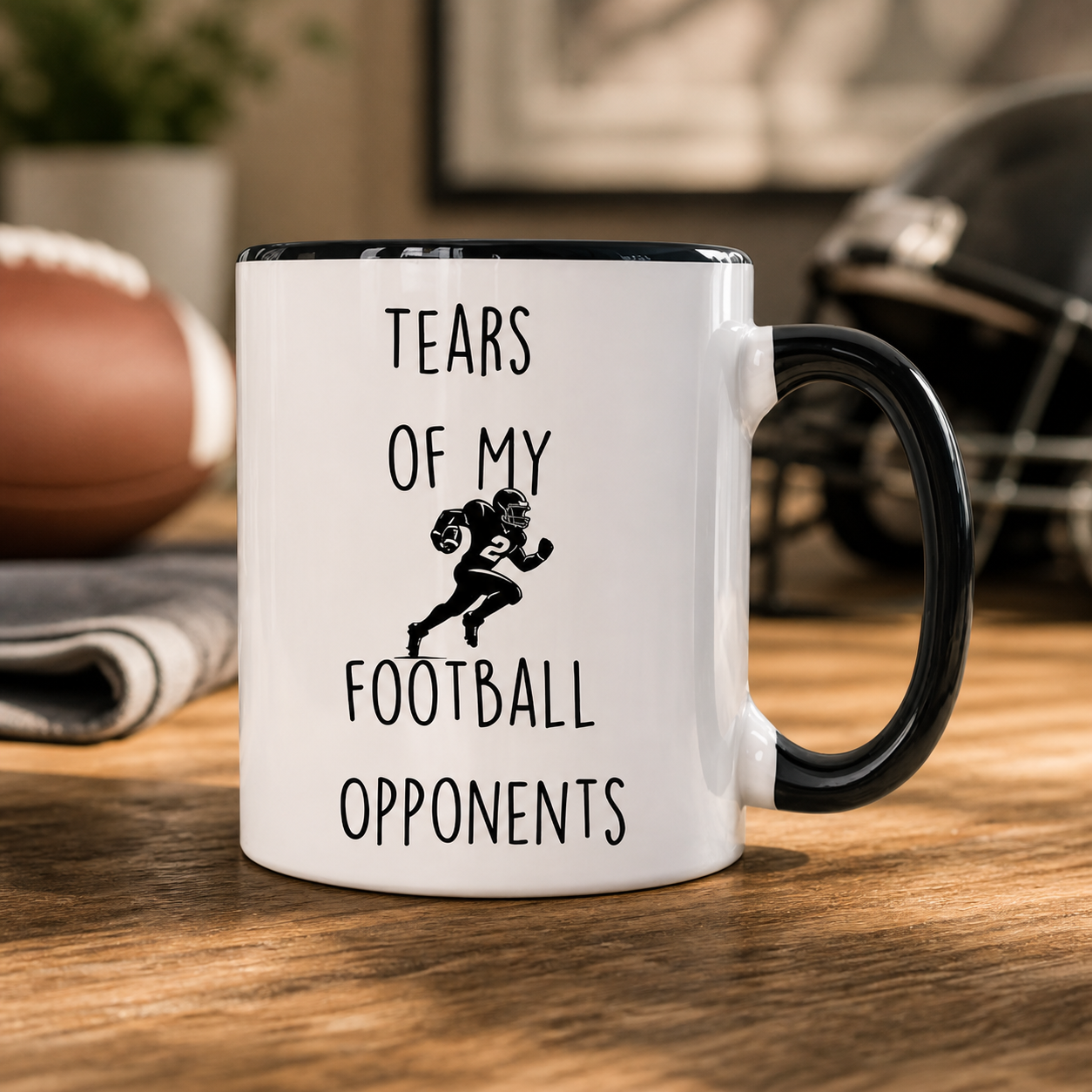 Tears of My Football Opponents black accent mug in a football lifestyle setting — alternate clean view