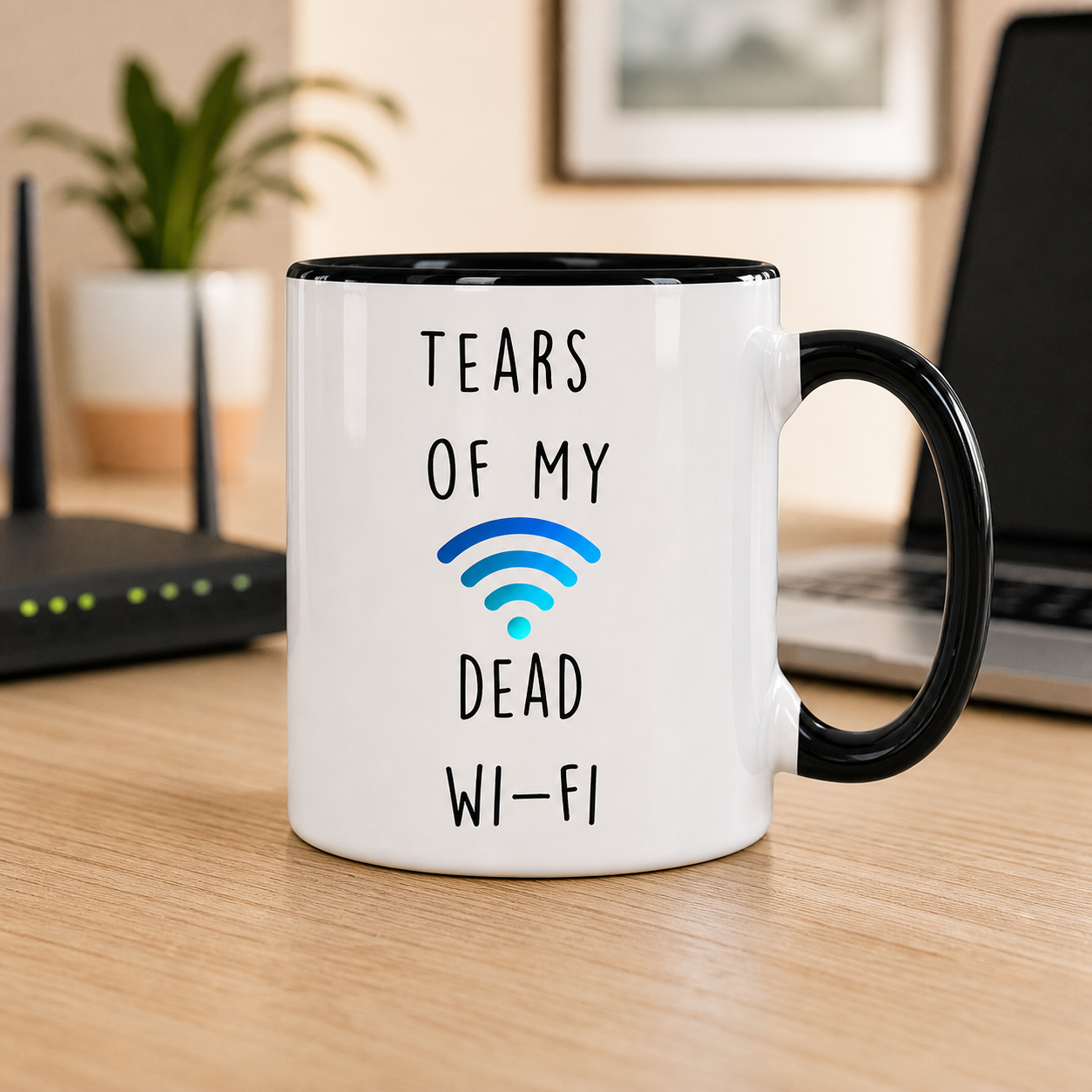 Tears of My Dead Wi-Fi black accent mug in a home office setting — alternate clean view
