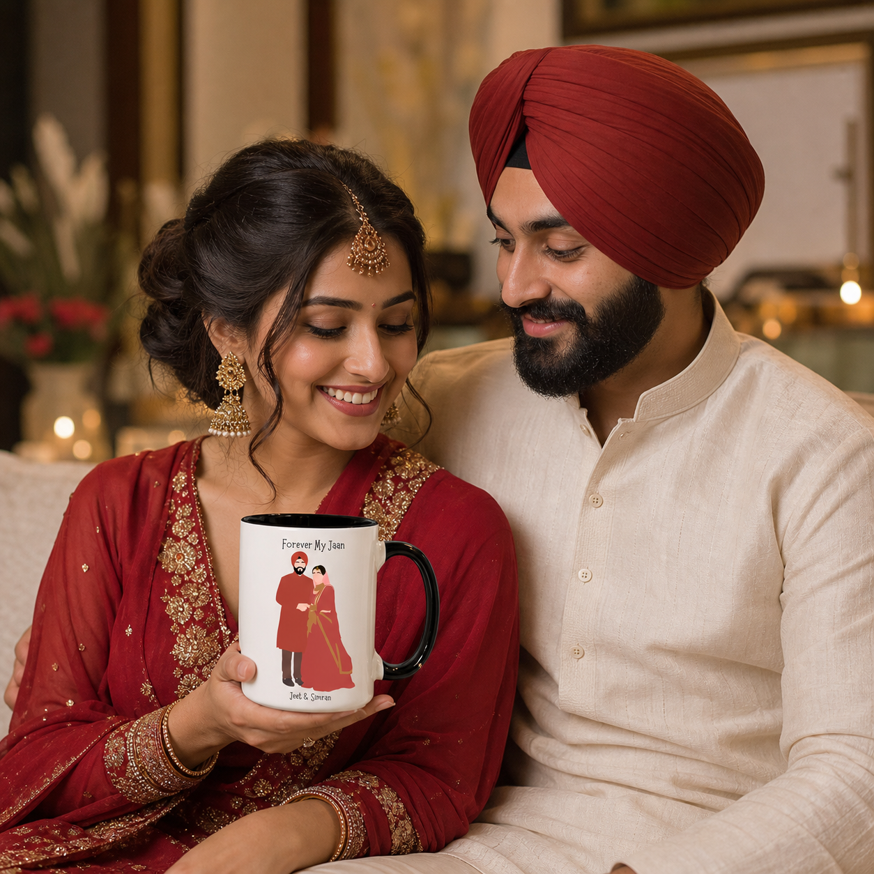 Young Punjabi Sikh couple with a personalized black accent Forever My Jaan mug — alternate clean view
