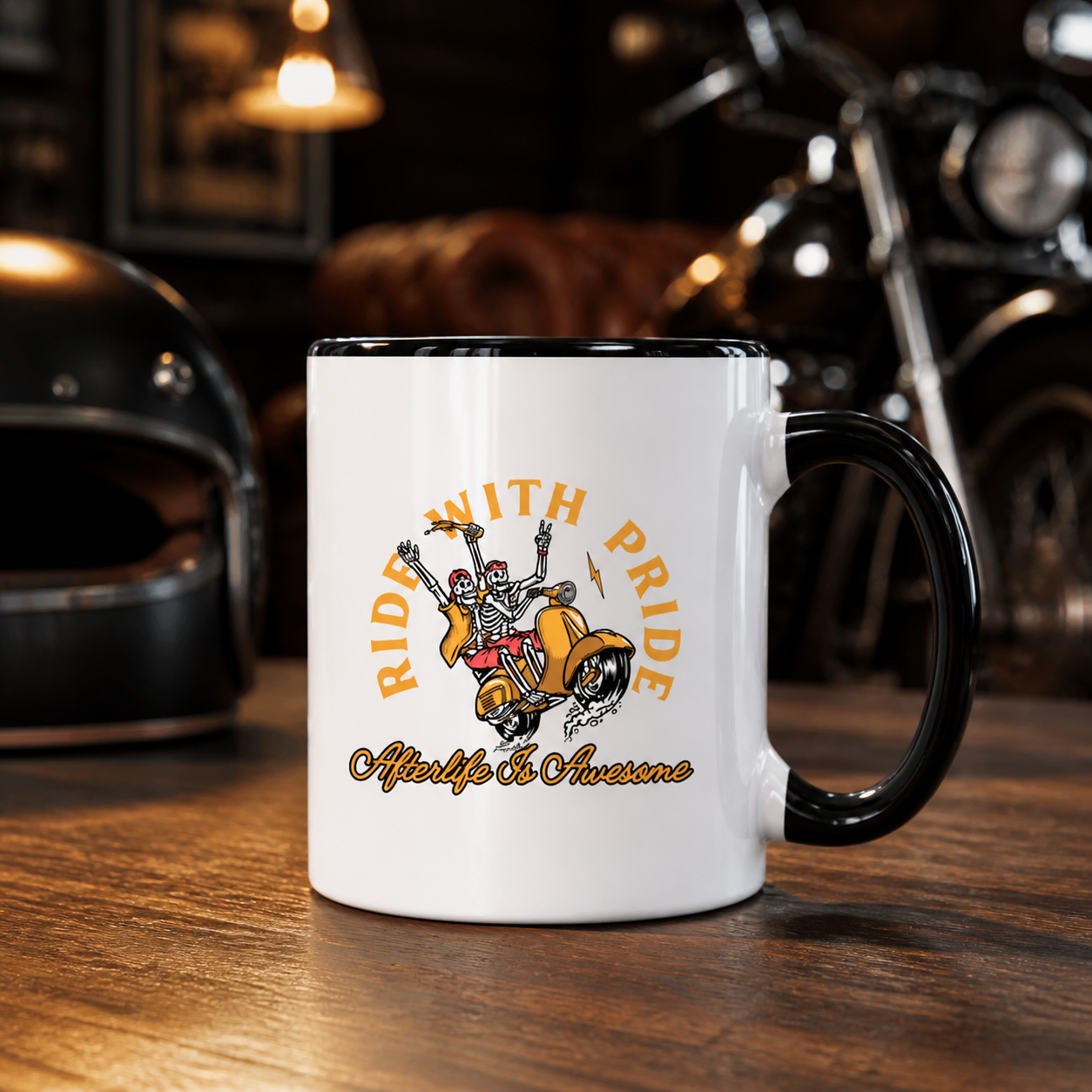 Ride With Pride Afterlife Is Awesome black accent mug in a motorcycle setting — alternate clean view