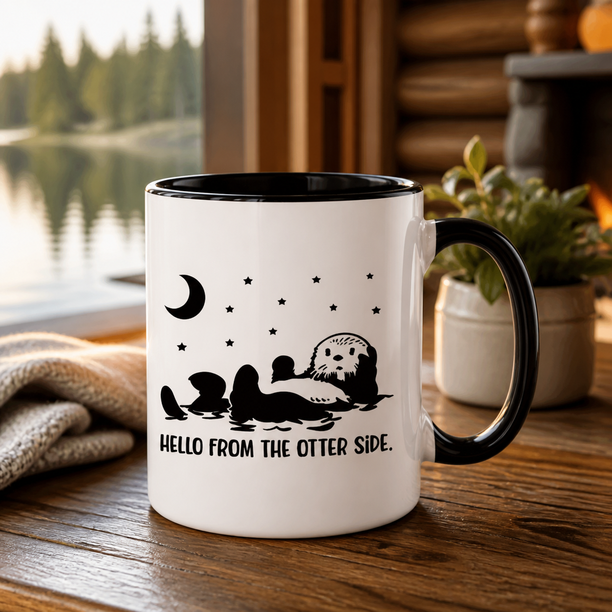 Hello From the Otter Side black accent mug in a lakeside cabin — alternate clean view