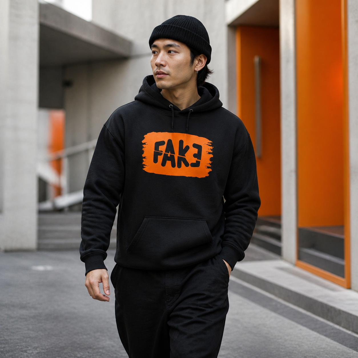 Woman wearing bold FAKE statement graphic hoodie in an urban lifestyle setting — alternate clean view