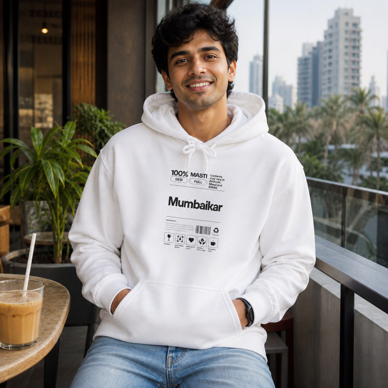 Young Mumbai man wearing Mumbaikar graphic hoodie at a modern city cafe — alternate clean view