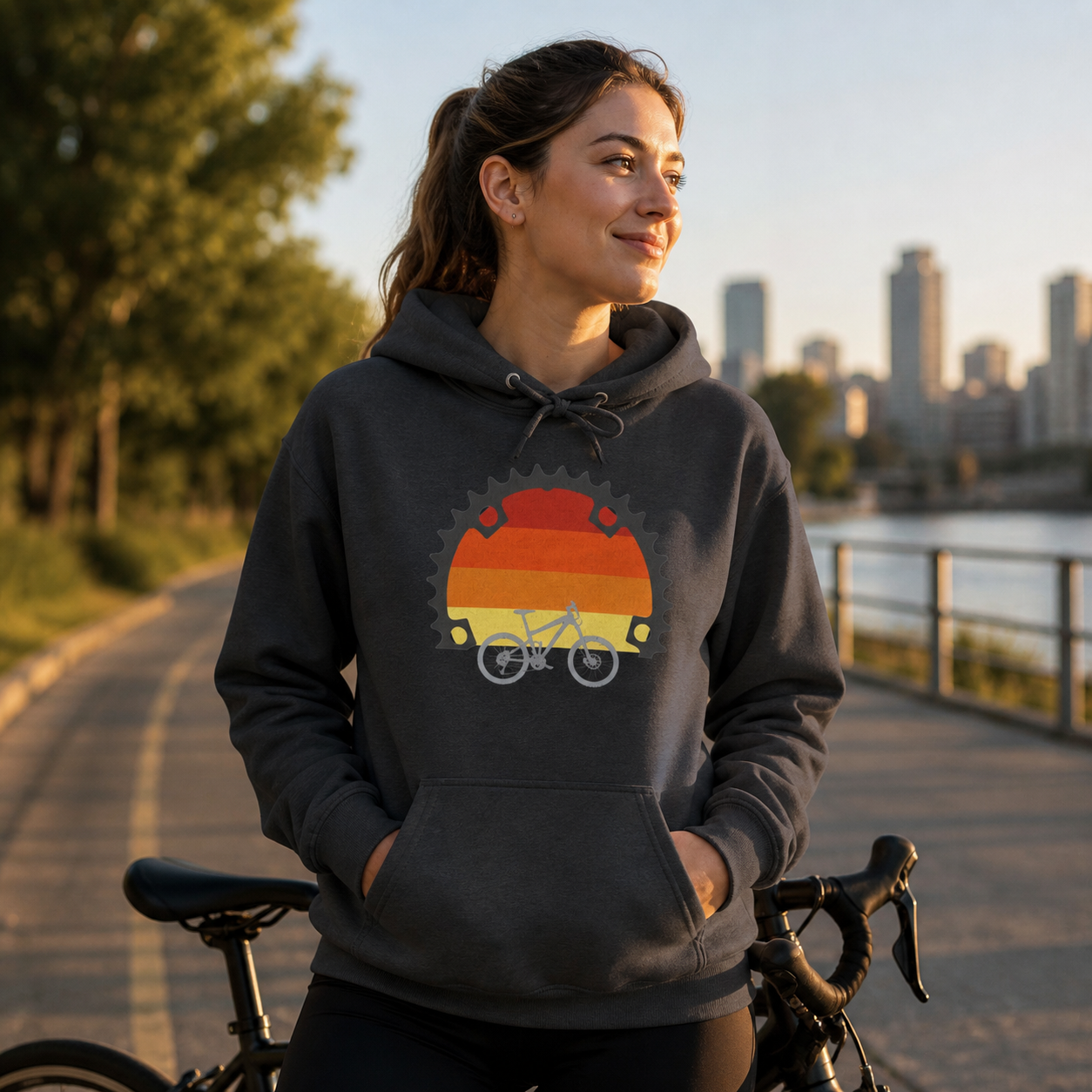 Woman cyclist wearing charcoal retro bicycle graphic hoodie at golden hour — alternate clean view