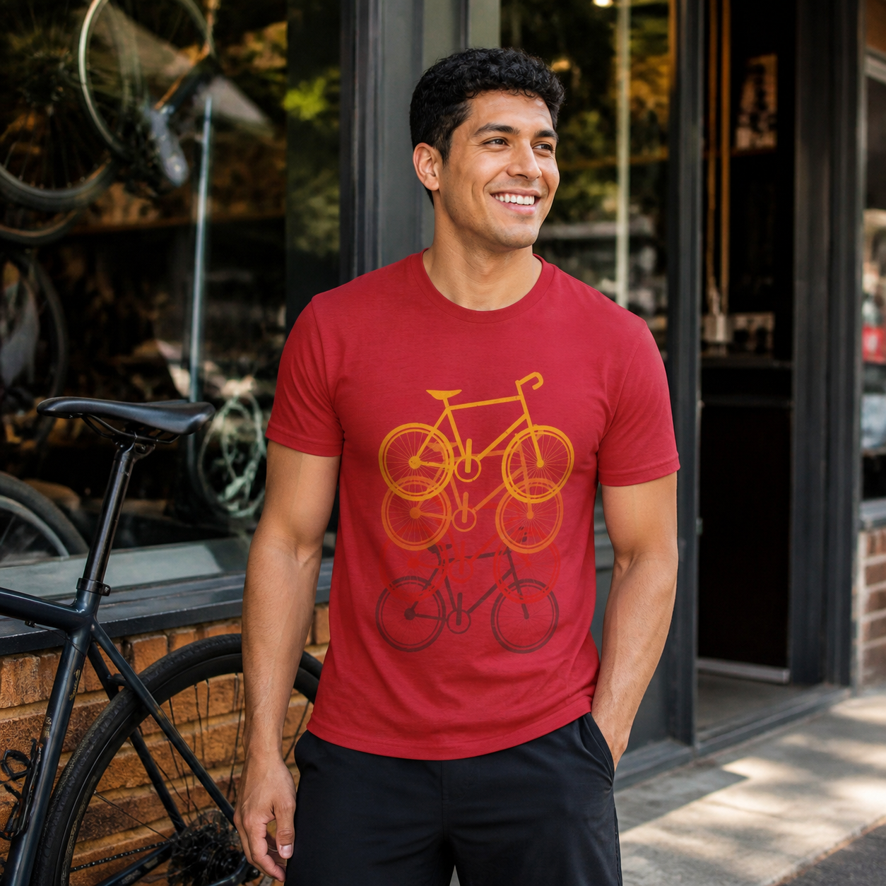 Young man wearing retro stacked bicycle graphic T-shirt outside a bike shop — alternate clean view