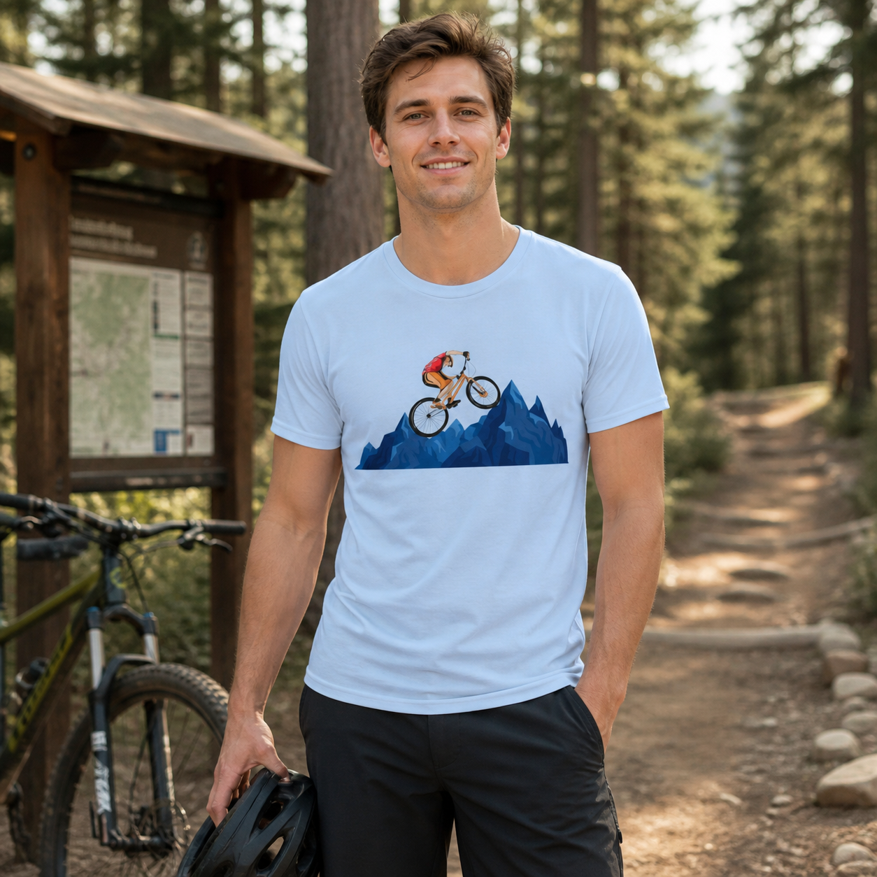 Mountain biker wearing blue mountain-jump graphic T-shirt at a forest trailhead — alternate clean view