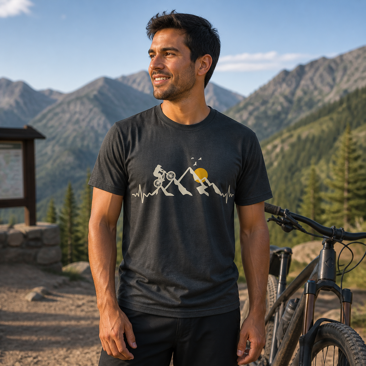 Mountain biker wearing Life Is Beautiful cycling graphic T-shirt at a scenic trailhead — alternate clean view