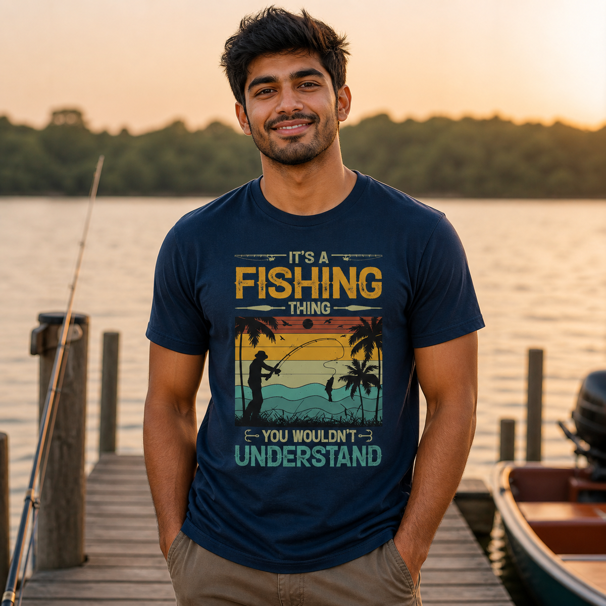 Young man wearing navy It's a Fishing Thing graphic T-shirt by a lakeside dock — alternate clean view