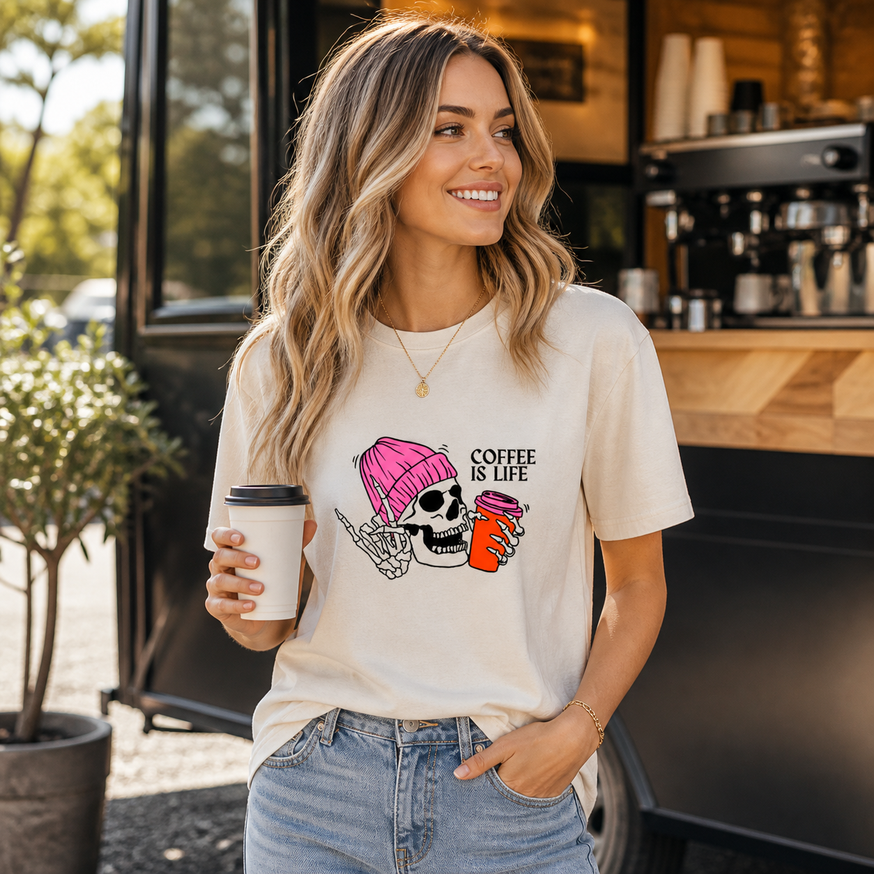 Woman wearing Coffee Is Life skeleton graphic T-shirt outside an artisan coffee truck
