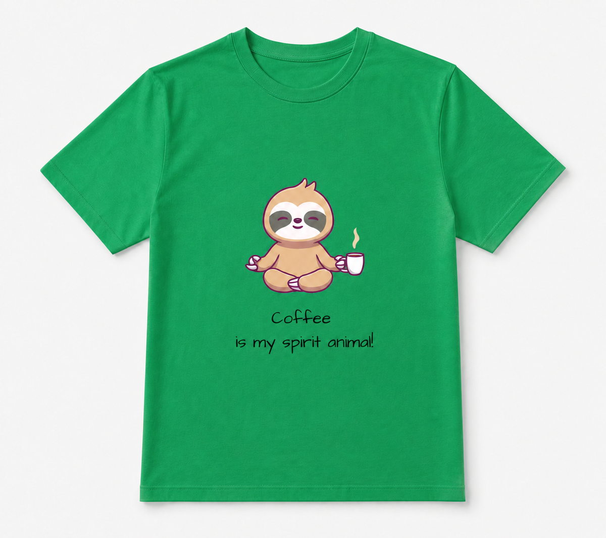 Coffee Is My Spirit Animal meditating sloth coffee lover graphic on irish green unisex T-shirt, front product image