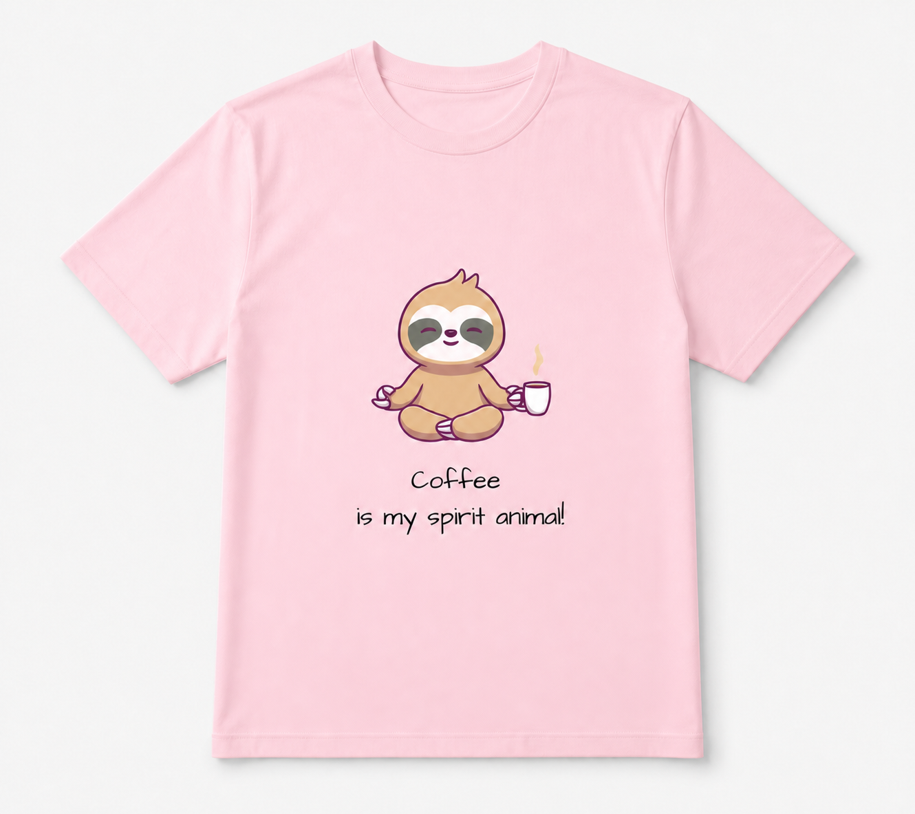 Coffee Is My Spirit Animal meditating sloth coffee lover graphic on light pink unisex T-shirt, front product image