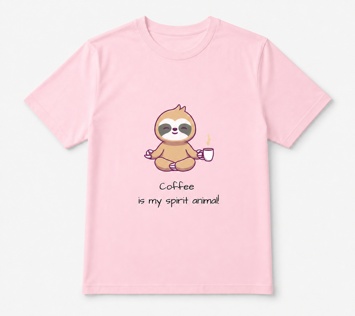 Coffee Is My Spirit Animal meditating sloth coffee lover graphic on light pink unisex T-shirt, front product image