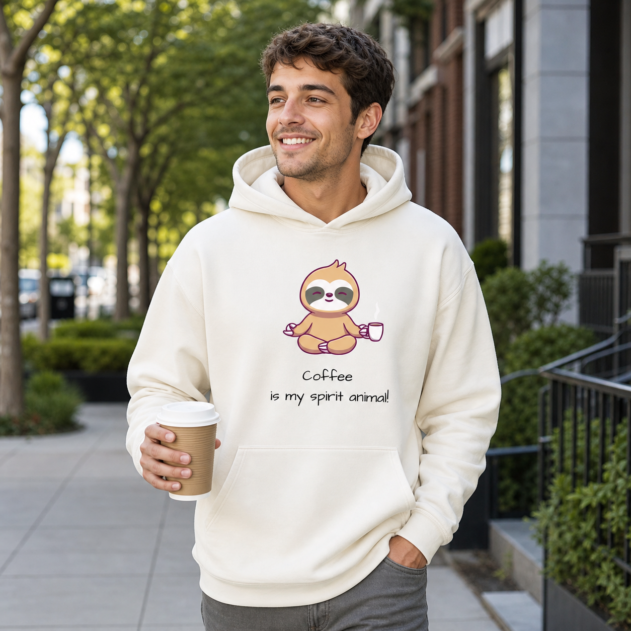 Man wearing cream Coffee Is My Spirit Animal sloth hoodie outdoors