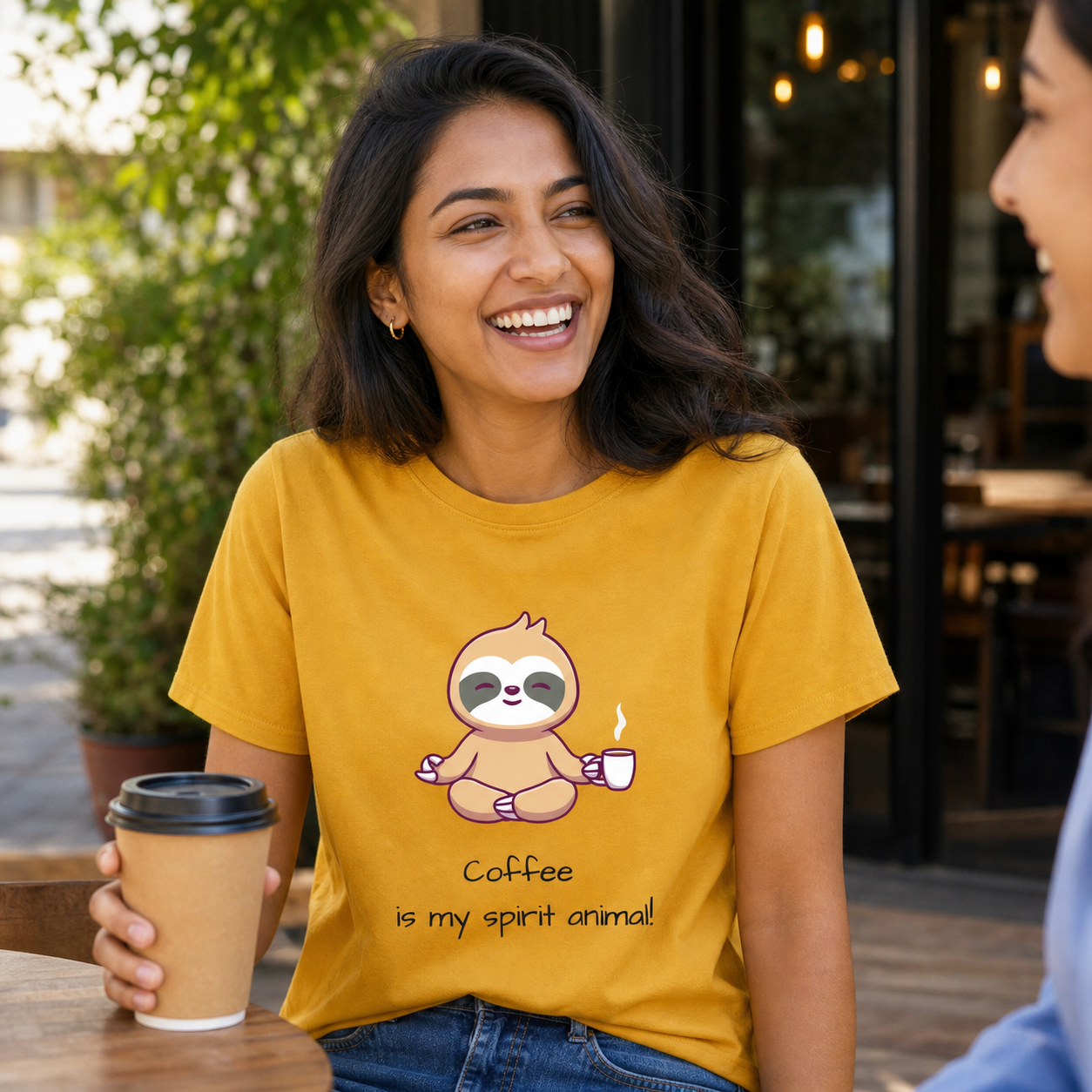 Woman wearing Coffee Is My Spirit Animal sloth T-shirt at a cafe patio